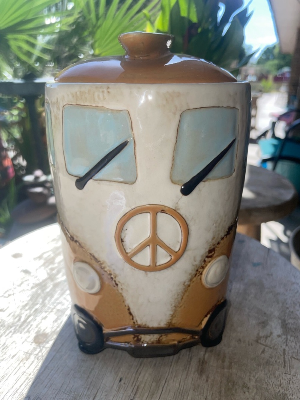 Vans Ceramic Peace Van Cookie Jar in Brown, Cream & Light Blue